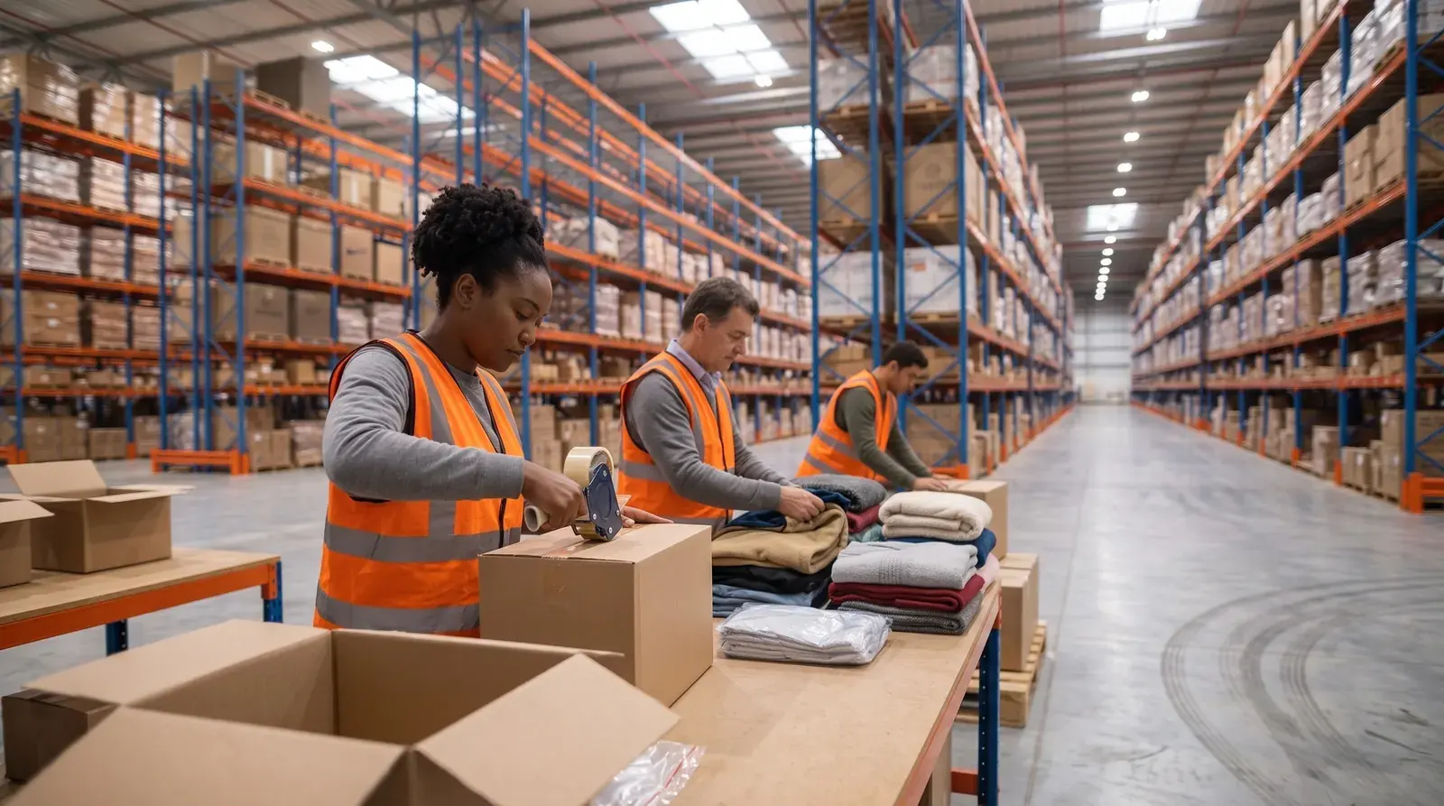 Equipe da Galpão 35 embalando doações de roupas para transporte